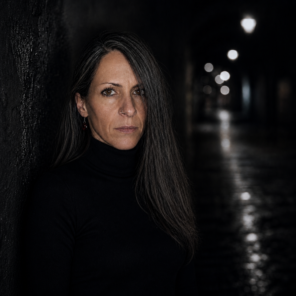Portrait of TRIN in a dark, rain-lit passage